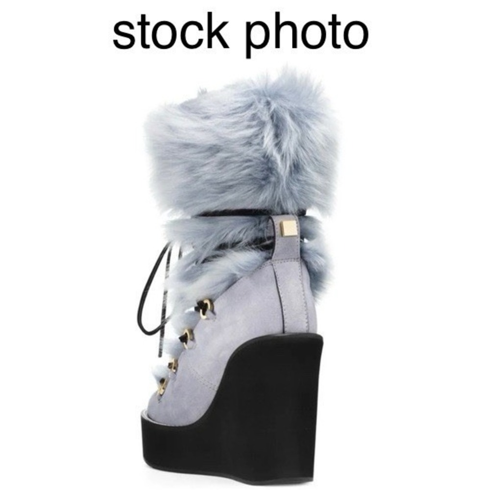 Stuart Weitzman Nikita Fur Wedge Boots 8.5 Blue Leather Suede Shearling Lace Up - Picture 12 of 12